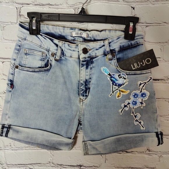 Liu Jo Denim Cuffed Shorts With Pearl Studs & Appliques NWT - Picture 1 of 5